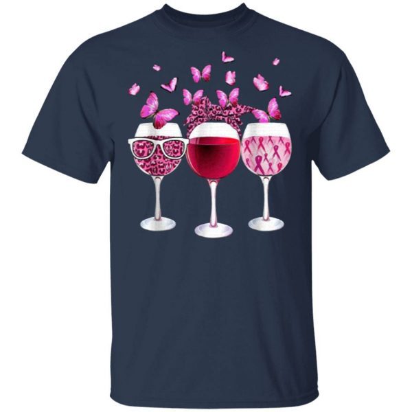 Pink Ribbon Wine Glass Butterfly Breast Cancer Awareness T-Shirt