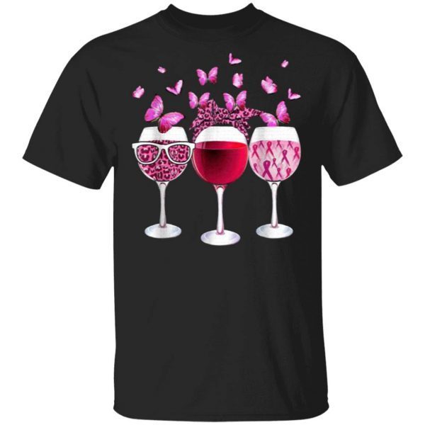 Pink Ribbon Wine Glass Butterfly Breast Cancer Awareness T-Shirt