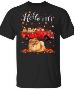 Maple Pomeranian Dog Leaf Fall Autumn Red Truck Womens T-Shirt