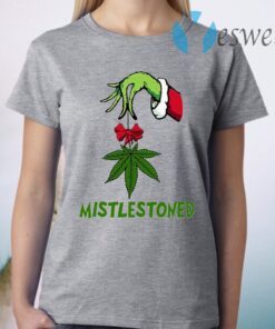 Grinch Hand Holding Weed Mistlestoned Christmas T-Shirt