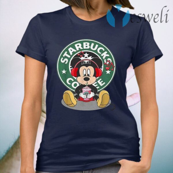 Mickey Mouse Drinking Starbucks Coffee And Listening Music T-Shirt