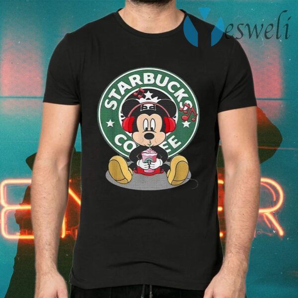 Mickey Mouse Drinking Starbucks Coffee And Listening Music T-Shirts