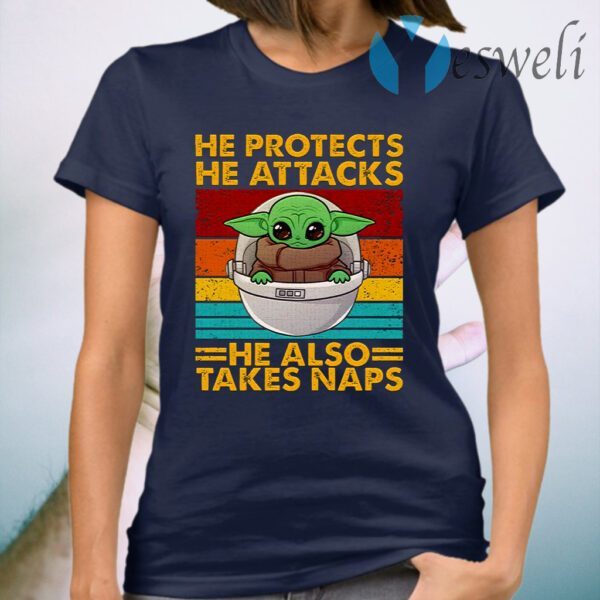 Baby Yoda He Protects He Attacks He Also Takes Naps Vintage T-Shirt
