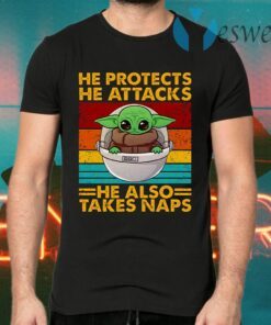 Baby Yoda He Protects He Attacks He Also Takes Naps Vintage T-Shirts