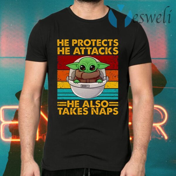 Baby Yoda He Protects He Attacks He Also Takes Naps Vintage T-Shirts