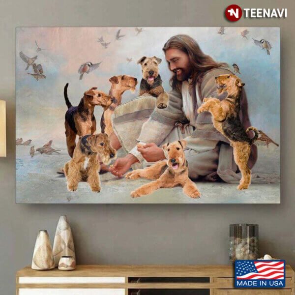 Vintage Smiling Jesus Christ Playing With Scottish Terrier Dogs And Birds Flying Around