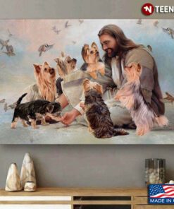 Vintage Smiling Jesus Christ Playing With Yorkshire Terrier Dogs And Birds Flying Around