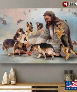 Vintage Smiling Jesus Christ Playing With German Shepherd Dogs And Birds Flying Around