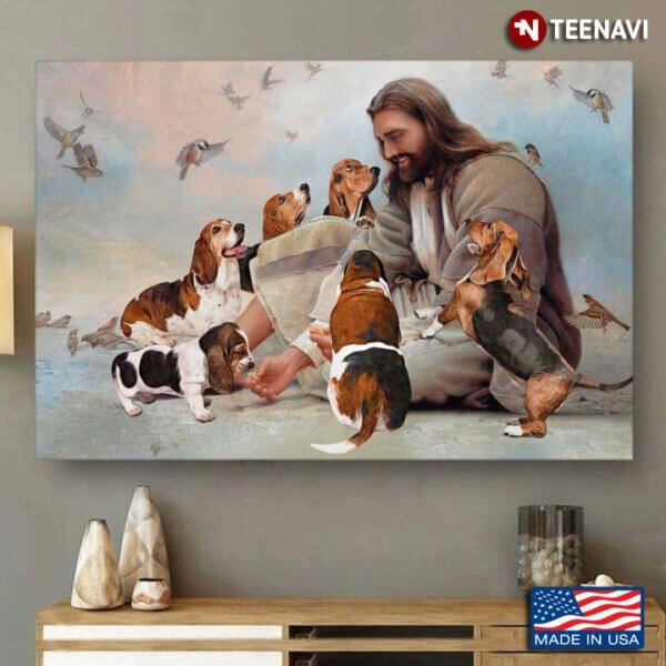 Vintage Smiling Jesus Christ Playing With Beagle Dogs And Birds Flying Around