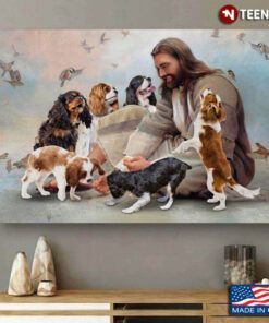 Vintage Smiling Jesus Christ Playing With Cavalier King Charles Spaniel Dogs And Birds Flying Around
