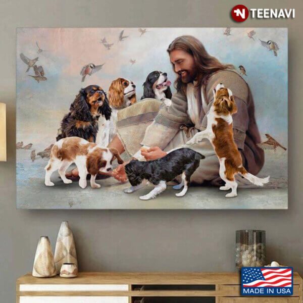 Vintage Smiling Jesus Christ Playing With Cavalier King Charles Spaniel Dogs And Birds Flying Around