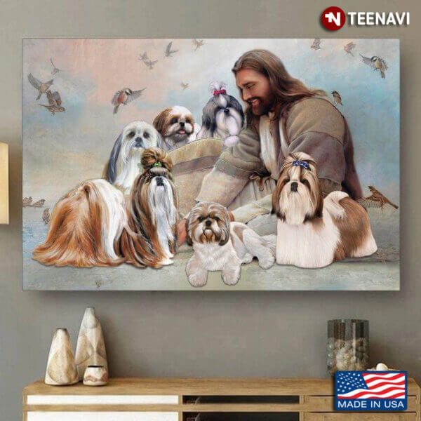 Vintage Smiling Jesus Christ Playing With Shih Tzu Dogs And Birds Flying Around