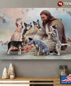 Vintage Smiling Jesus Christ Playing With Heeler Dogs And Birds Flying Around
