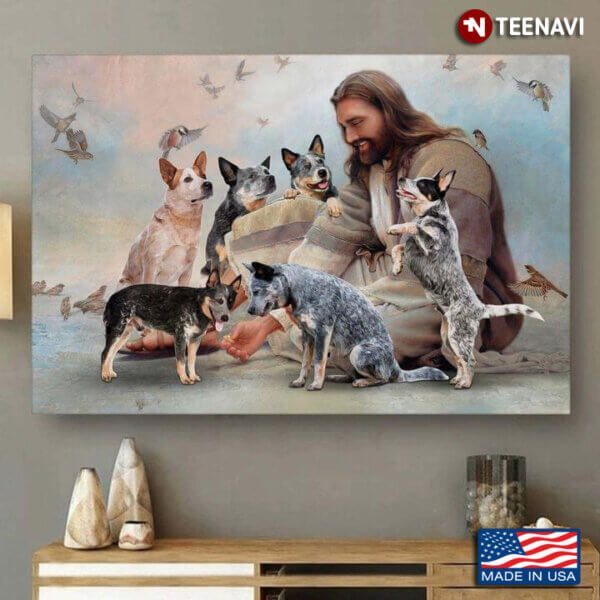 Vintage Smiling Jesus Christ Playing With Heeler Dogs And Birds Flying Around