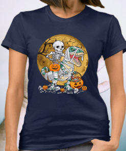Skeleton Riding Dino Mummy Retro Halloween T-Shirt