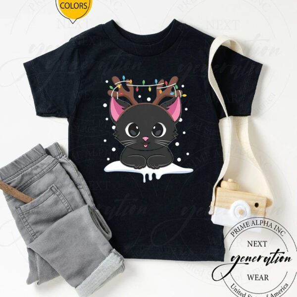 Christmas Black Cat Reindeer Antlers Catmas Women Kids Funny T-Shirts