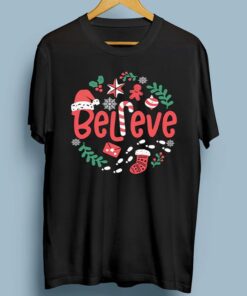 Believe Christmas Shirt Santa Xmas Short Sleeve Kids Holiday T-Shirt