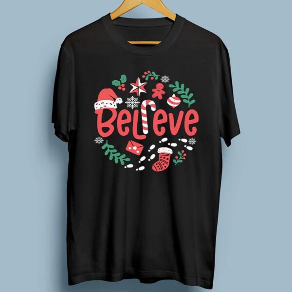 Believe Christmas Shirt Santa Xmas Short Sleeve Kids Holiday T-Shirt