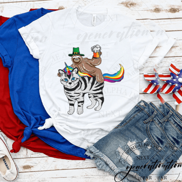 Drunk Leprechaun Sloth Riding A Zebra Cat Unicorn TShirt