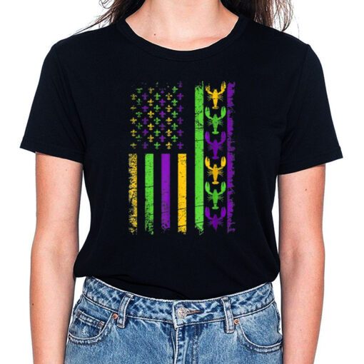 American Flag Mardi Gras T Shirt Mardi Gras Crawfish Outfit T-Shirt