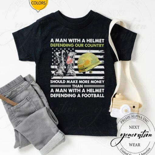 A man with a helmet defending our country America Veteran flag shirt