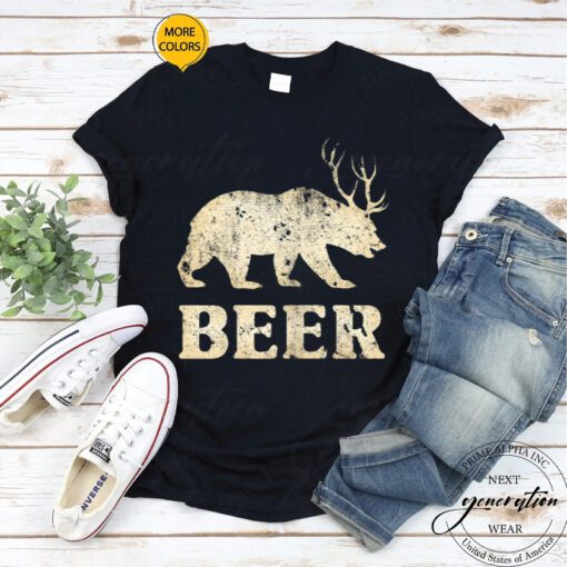 Womens Beer T-Shirt Vintage Bear Deer Funny Beer T-Shirt