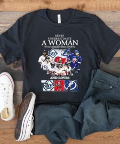 Never Underestimate A Woman Who Understands Sports Tampa Bay Buccaneers And Tampa Bay Lightning TShirts