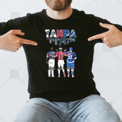 Randy Arozarena Mike Evans And Steven Stamkos Tampa Bay Skyline Sport Signatures T Shirts