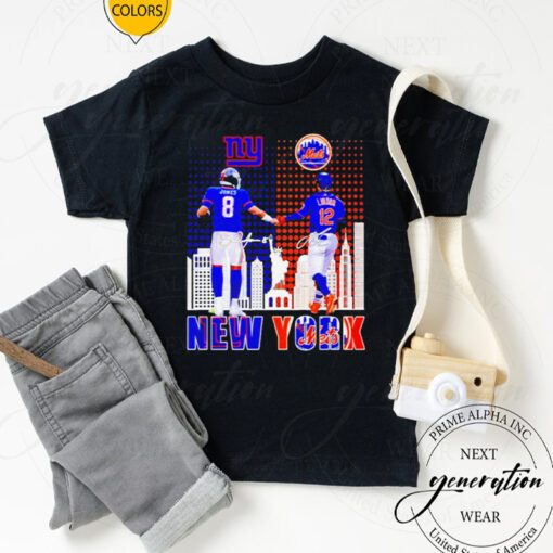 daniel jones new york giants and francisco lindor new york mets signature T-shirt
