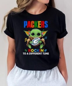 Baby Yoda Hug Green Bay Packers Autism Rockin To A Different Tune t shirts