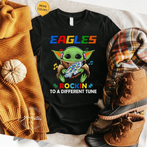 Baby Yoda Hug Philadelphia Eagles Autism Rockin To A Different Tune t shirt