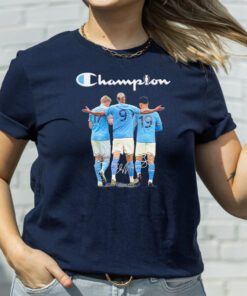 Champion Kevin Bruyne, Erling Haaland And Julian Alvarez Manchester City Fc 2023 Signatures T Shirts