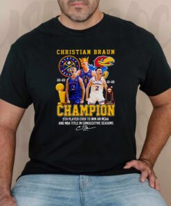 Christian Braun 2022-2023 Denver Nuggets Kansas and Jayhawks Champions signature shirts