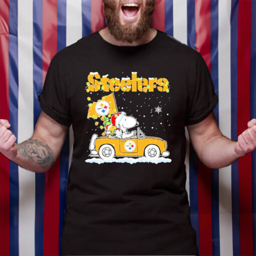 The Peanuts Santa Snoopy and Woodstock Pittsburgh Steelers On Car Christmas 2023 T-Shirt