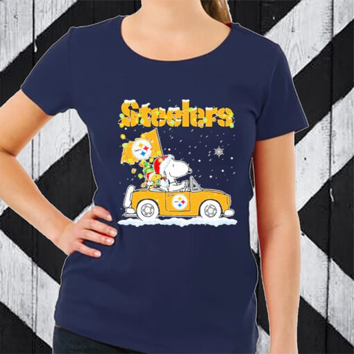 The Peanuts Santa Snoopy and Woodstock Pittsburgh Steelers On Car Christmas 2023 TShirt