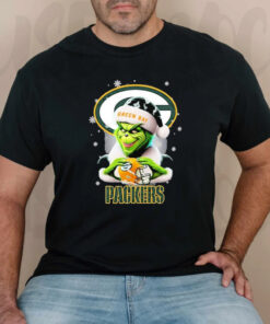 Grinch Hat Santa Green Bay Packers Helmet Logo Merry Christmas T-Shirt